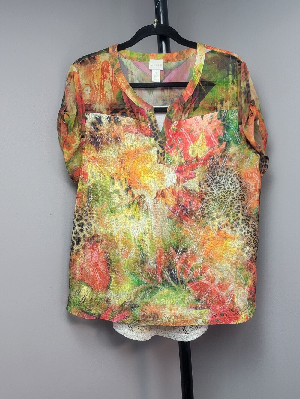 Chico's 2 Pieces Top Blouse Blue Orange Green Chiffon Sumer Abstract Multicolor - Picture 2 of 16